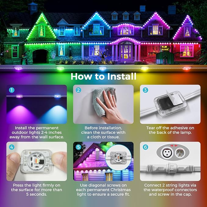 LunaSync Permanent Outdoor Lights 150ft RGBIC Smart LED Eaves Lights with App &amp Remote Control IP67 Waterproof 50 Scene Modes for Christmas Holiday Pool Party &amp Daily Decor