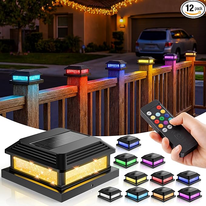 Solar Post Cap Lights Outdoor with Remote 12pack - Control 8 RGB Color Changing &amp Multicolor Flow Modes Easily IP65 Waterproof - Fits 4x4/5x5 Wood/Vinyl Fence Deck Posts Patio Garden Black