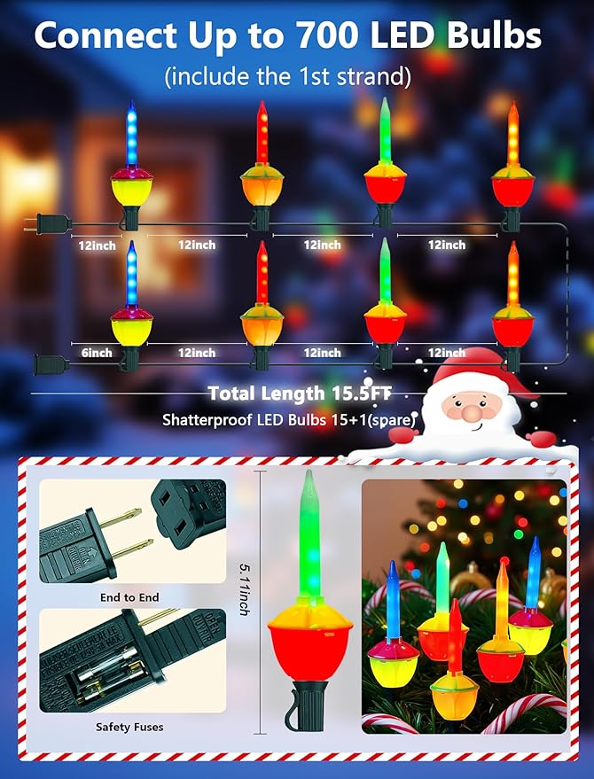 15.5FT Vintage Multicolor LED Bubble Lights for Christmas TreeRetro Bubbling Christmas Lights Liquid-Free Energy Saving Design Connectable Up to 48 Strands UL Certified Indoor Outdoor Decor
