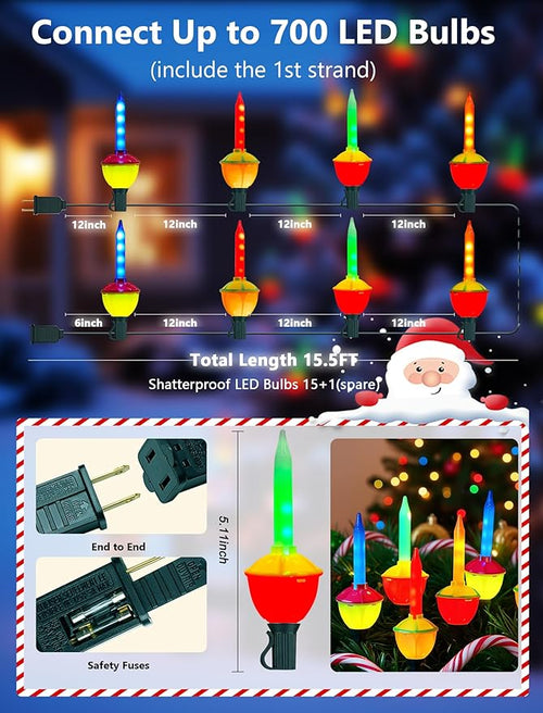 15.5FT Vintage Multicolor LED Bubble Lights for Christmas TreeRetro Bubbling Christmas Lights Liquid-Free Energy Saving Design Connectable Up to 48 Strands UL Certified Indoor Outdoor Decor