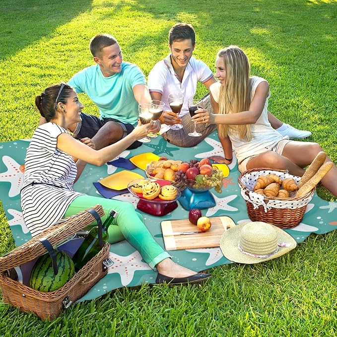 Waterproof Sandproof Beach Blanket 59''×68'' White Polyester Outdoor Picnic Blanket with 4 Stakes &amp Storage Bag for BeachCampingVacation Starfish