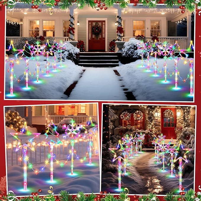12 Pack Outdoor Snowflake Walkway Lights Plug in Christmas Pathway Lights 8 Modes Xmas Waterproof LED Garden Stake Light for Walkway Porch Yard Lawn(Multicolor)