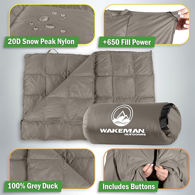 Down Camping Blanket Packable 78x52” Ultralight Compact Travel Blanket with Bag - Puffy Wearable Sleeping Gear for Camp Hiking Backpacking Stadium Festivals or Beach by Wakeman Outdoors (Gray)