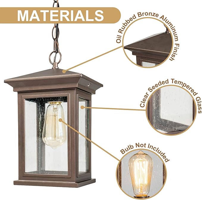 Outdoor Hanging Lantern Waterproof Pendant Light with Clear Seeded Glass Oil Rubbed Bronze Finish E26 Socket Classic Porch Ceiling Light for Patio Corridor Entryway