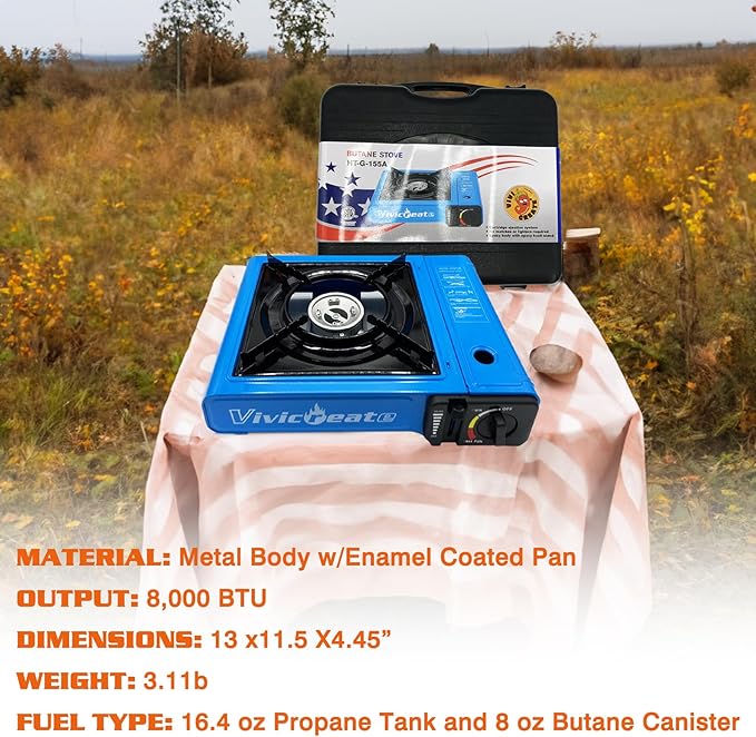 Vivicreate 7000 BTU Portable Butane Gas Stove for Camping Cooking Outdoor Lightweight Portable Stove Burner with Auto Ignition Estufa de Gas Portátil para Camping al Aire Libre（Blue）