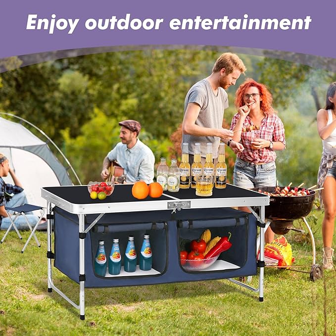 Camp Field Camping Folding Aluminum Table with Adjustable Legs for Outdoor Travel Beach Backyards BBQ Party and Picnic Foldable Table