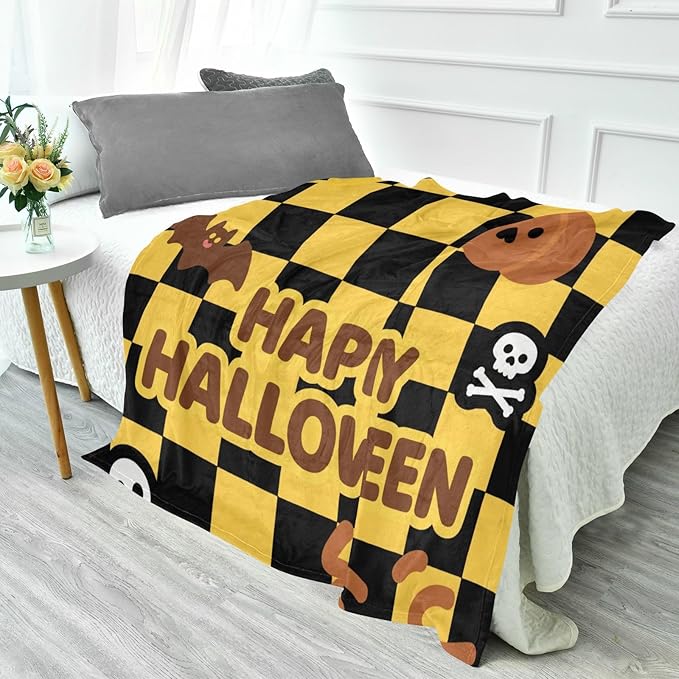 Happy Halloween Yellow Black Checkered Soft Cozy Couch Throws Large Cozy Blanket for Party Sofa Bed Living Room 50x70