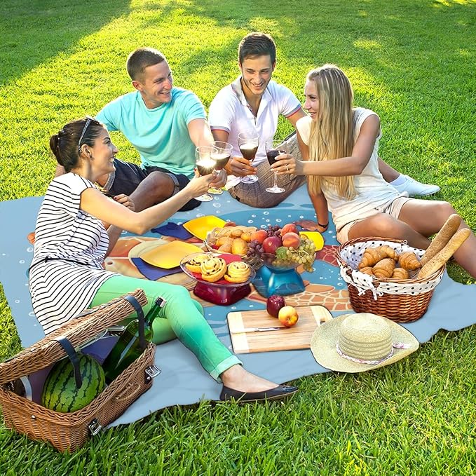 Waterproof Sandproof Beach Blanket 59''×68'' Turtle Polyester Outdoor Picnic Blanket with 4 Stakes &amp Storage Bag for BeachCampingVacation Orange