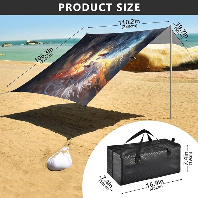 ALAZA Wolves Fighting Beach Tent Sun Shelter UPF50+ Protection Beach Shade Canopy w/ 4 Sandbags for Outdoor Camping Fishing Backyard Fun Picnic 10x9 ft