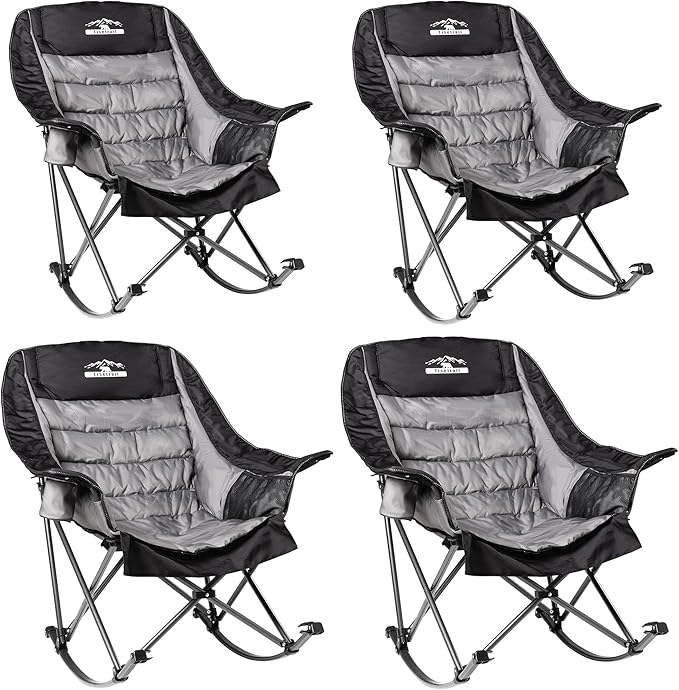 Oversized Rocking Camping Chairs Set of 2 Fully Padded Camp Chairs for Adults with Side Pocket and Cup Holder Heavy-Duty 400lbs Capacity Black &amp Gray