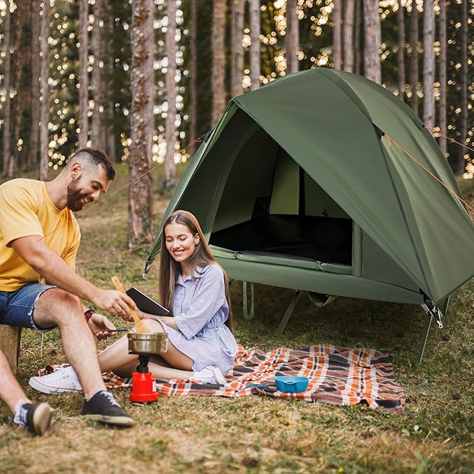 Tangkula 2 Person Tent Cot Portable Off Ground Elevated Camping Tent with Cot Removable Rainfly Wheeled Bag Stakes &amp Wind Ropes for Picnic Hiking Travel Beach