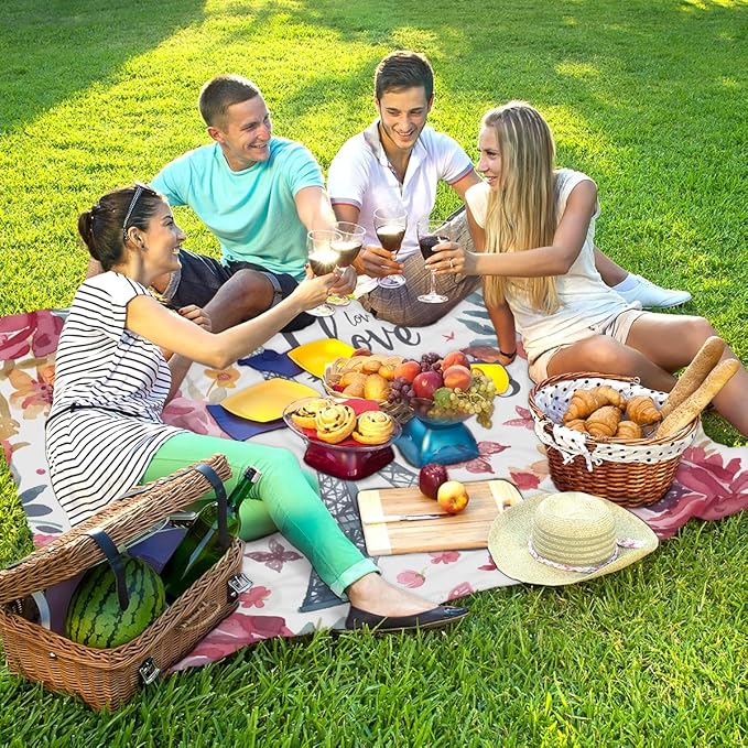 Waterproof Sandproof Beach Blanket 59''×68'' Paris Polyester Outdoor Picnic Blanket with 4 Stakes &amp Storage Bag for BeachCampingVacation White &amp Red