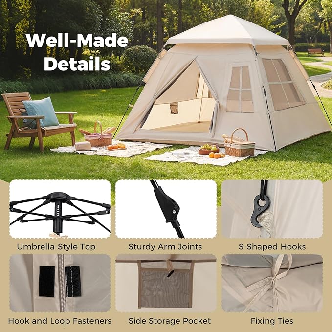 Tangkula 4 Person Camping Tent Instant Pop-Up Cabin Tent with Removable Rainfly Mesh Windows &amp Dual Doors Carrying Bag Portable Outdoor Family Shelter for Picnic Backpacking Traveling