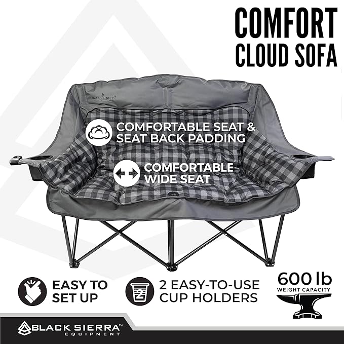 Black Sierra Double Camping Chair for Adults Oversized Folding Loveseat Supports 600 lbs Plush Padded Outdoor Couch with Cup Holders and Carry Bag for Beach Patio RV or Tailgating Events