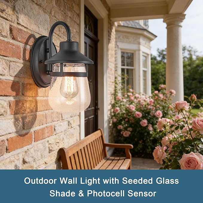 Classic Outdoor Porch Lights Wall Mounted Textured Black Clear Seeded Glass Waterproof and Anti-Rust Exterior Lights for Patio Yard House Hallway Doorway and Garage.