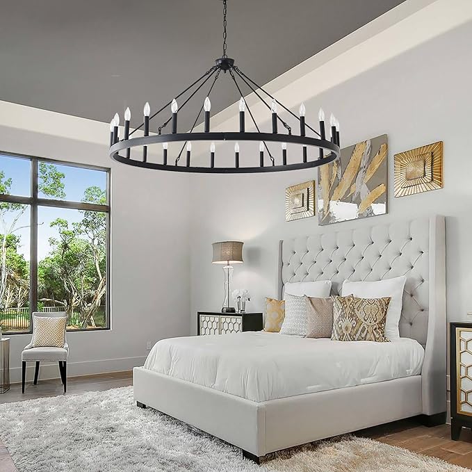 53 Inch Large Black Farmhouse Wagon Wheel Chandelier24-Light Round Industrial Pendant Light fixtures for Outdoor Porch high Ceilings Living Dining Room Foyer Entryway