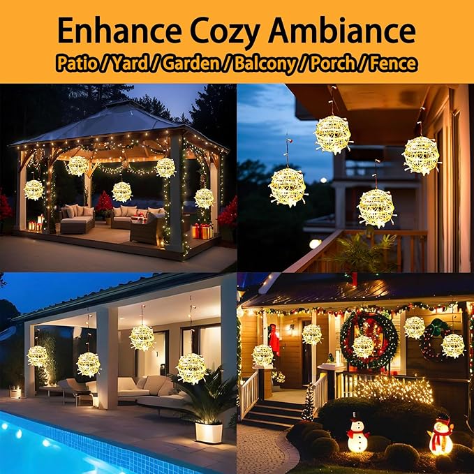 Christmas Solar String Lights Outdoor 4Pc 160LED 29.5ft Solar Powered Globe Fairy Lights Waterproof 8 Modes Ball Lights Outside for Tree Garden Yard Porch Lawn Holiday Decor Warm White