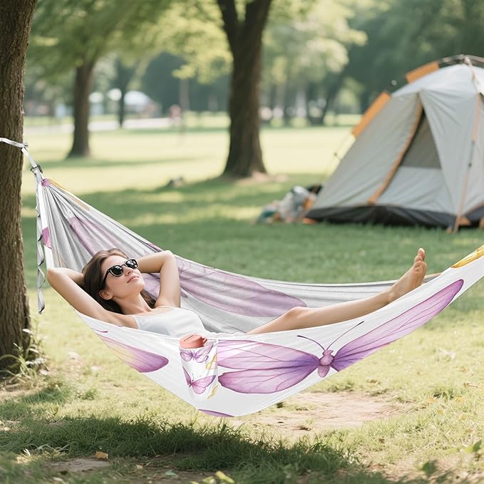 YETTASBIN Pink Purple Butterflies Camping Hammock - 330lbs Lightweight &amp Portable Single or Double Hammock with Tree Straps &amp Carry Bag for Indoor Outdoor Hiking Backpacking Travel Backyard Be