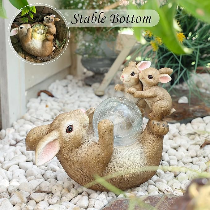 Solar Bunny Lamp Playing with Ball 10x5x9 Inch Outdoor Easter Rabbit Decor Whimsical Garden Statue for Lawn Backyard &amp Night Landscape Easter Bunny Figurine Night Light