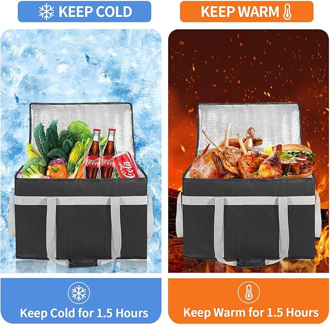 XXXL 2 Pack Insulated Food Delivery Bag with Removable Hard Bottom Reusable Insulated Grocery Bag for Hot and Cold Food Catering Cooler for Doordash Warmers Parties (Black+Red)