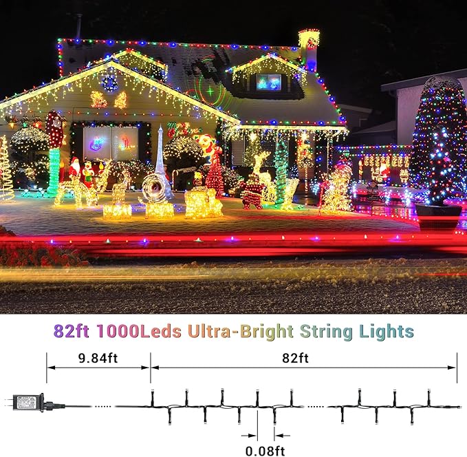 Quntis 82ft 1000 LED Cluster Christmas Lights - Dark Green Wire Christmas Tree Lights - 8 Modes Outdoor Waterproof Christmas String Lights Plug in for Holiday Wedding Party Home Decor Multicolor