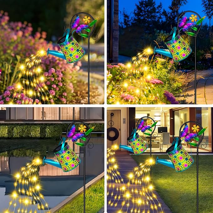 Solar Watering Can with Lights Waterproof Solar Lantern with Butterfly Shepherd Hook Hanging Garden Lights for Patio Yard Lawn Porch Outdoor Decoration 2 Pack