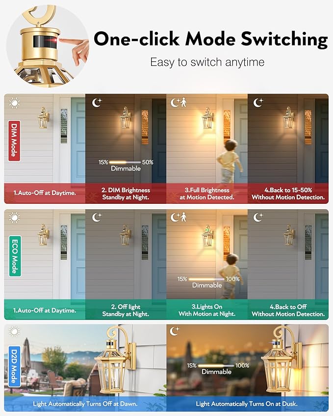 Motion Sensor Front Porch Light Gold Outdoor Light Fixture Wall Mount Outdoor Wall Lantern Sconce Light with Beveled Glass Waterproof Carriage Lights Exterior Coach Lights for Garage Patio