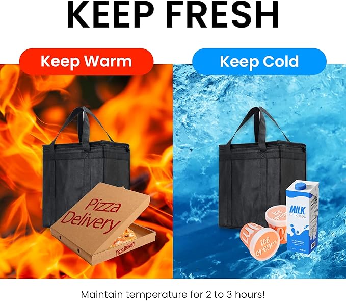 NZ home Insulated Bags for Food Delivery (Medium) Grocery Shopping Cooler Bag Pizza Delivery Hot &amp Cold Catering Tote Reusable Foldable &amp Heavy Duty (2 Pack Black)