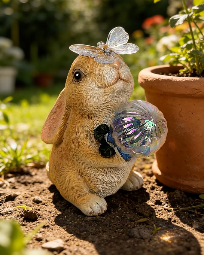 Hogni Solar Bunny Garden Statue Outdoor Decor Rabbit Figurines with LED Light Waterproof Solar Powered Yard Art for Patio Balcony Lawn Cute House Warming &amp Birthday Gifts for Mom Grandma Wo