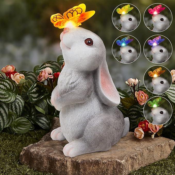 Garden Statue Outdoor Decor-Rabbit with Solar Butterfly Changing Lights Garden StatuesBunny Statue for PatioBalconyYardLawn OrnamentGardening Gifts for Mom Grandma