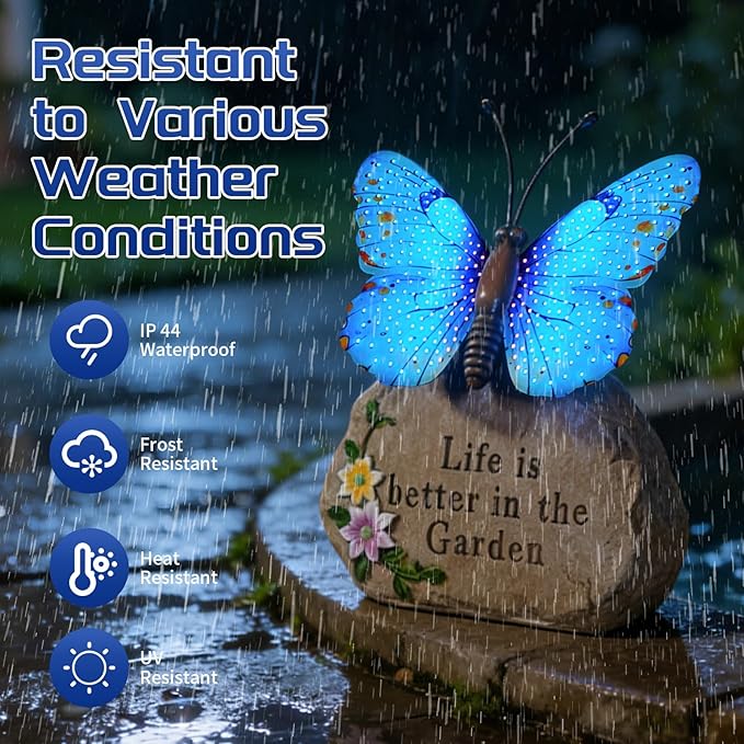 Solar LED Butterfly Garden Statue with Sparkling Light-Up Wings - Outdoor Yard Patio Decor Figurine for Women Mom Grandma (Blue)