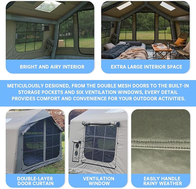 8㎡ Luxury Inflatable Camping Tent for 3-8 People UV-Resistant 4-Season Family Tent with Chimney Port &amp Skylight Oxford Fabric or Tech Cotton – White Tank Gray Aurora Green