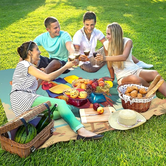 Waterproof Sandproof Beach Blanket 59''×68'' Animal Polyester Outdoor Picnic Blanket with 4 Stakes &amp Storage Bag for BeachCampingVacation Rooster