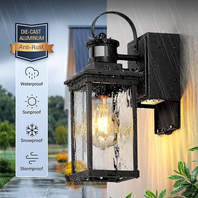 Outdoor Porch Light with GFCI Outlet Black Motion Sensor Exterior Lighting Fixtures Wall Mount for House with Water Ripple Glass Anti-Rust Waterproof Outdoor Wall Sconce Lantern for Garage