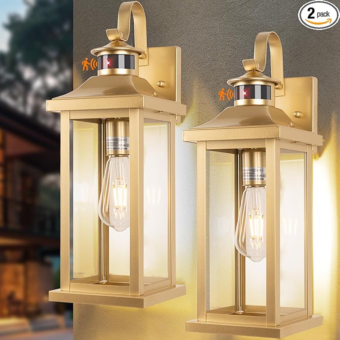 2-Pack Gold Dusk to Dawn Motion Sensor Lights 18 Inch Large Outdoor Light Fixtures IP65 Waterproof Anti-Rust Brass Outside Lights for House Photocell Modern Exterior Lanterns Wall Mounted