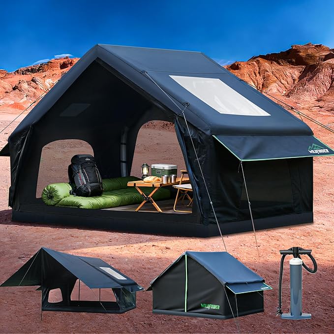 Inflatable Tent with Skylight &amp Awning Inflatable Tents for Camping Blow Up Tent with Stove Jack Glamping Tent with Mesh Windows &amp Doors Waterproof Oxford Tents for Camping 4-6 Person