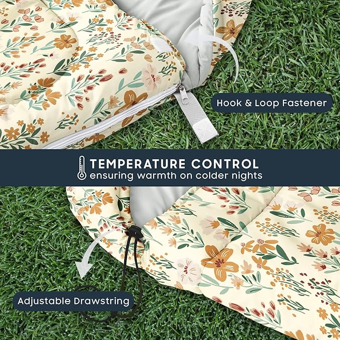 Wake In Cloud - Kids Sleeping Bag for Girls Toddlers Camping in Warm Cold Weather Backpacking Lightweight Compact Outdoor Liner for 3 Seasons Summer Spring Fall Flowers Orange Cream