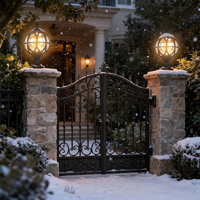Outdoor Post Light Fixture Retro Amber Glass Ball Pillar Lights Waterproof Die-cast Aluminum Column Lamp Villa Courtyard Garden Park Doorpost Light Fence Light Landscape Lighting
