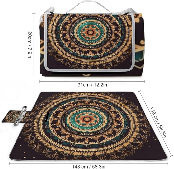 Mandala Beach BlanketPortable Waterproof Picnic Blanket58.3''x 58.3'' Extra Large Picnic Mat for BeachCamping Grass Lawn Park Accessorie for Festival BBQ
