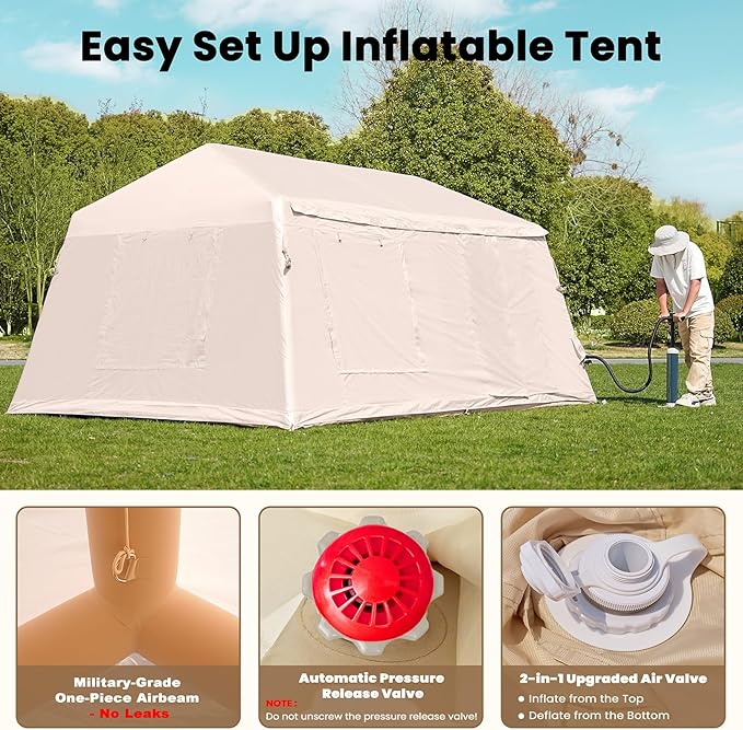 Inflatable Tents for Camping Blow Up Tent with Hand Pump Easy Setup Inflatable Hot Tent with Stove Jack Waterproof Oxford Air Glamping Tents for Camping Adult 4 Person Upgrade Version