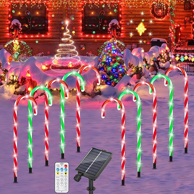 ZHAHA Solar Christmas Pathway Lights Outdoor Decorations Solar Candy Cane Lights for Yard Patio Garden Walkway with 8 Light Mode Remote Timer 48 LED Upgraded Christmas Outdoor Decorations 8 Pack