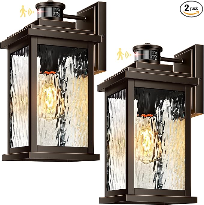 VIANIS Advanced Motion Sensor Light Outdoor 2 Pack Large Bronze Exterior Lighting Fixtures Easy-to-Install Aluminum Waterproof Porch Lights Outdoor with Water Glass for Porch Garden Front Door