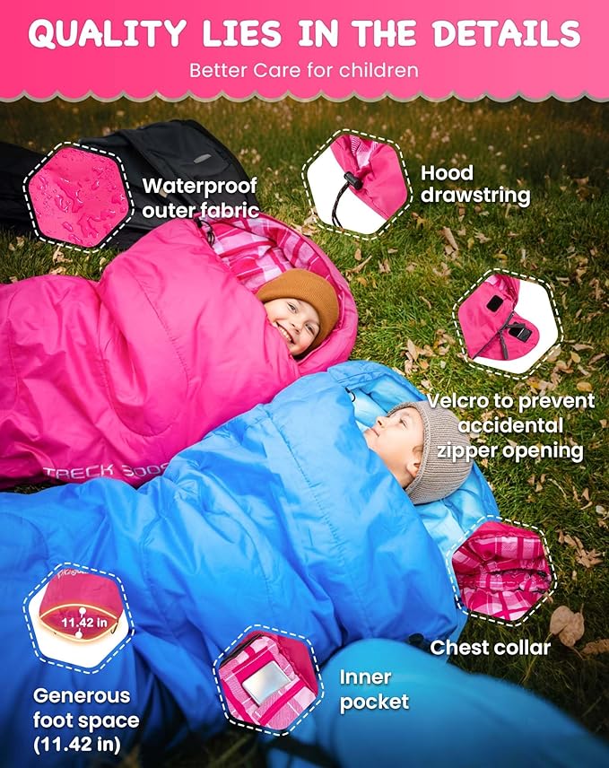 KingCamp 45°F Kids Sleeping Bag Lightweight Waterproof &amp Compact Flannel Sleeping Bags Cold Weather &amp Warm Youth Essentials Gear Accessories for Camping Fits 10-12 Children up to 4'7-5'5 T