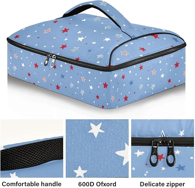 Casserole Carrier Red Blue StarsInsulated Casserole Carrier for Hot or Cold Food Thermal Lunch Tote for Potluck Parties Picnic Beach Fits 9 x 13 Inches Baking Dish