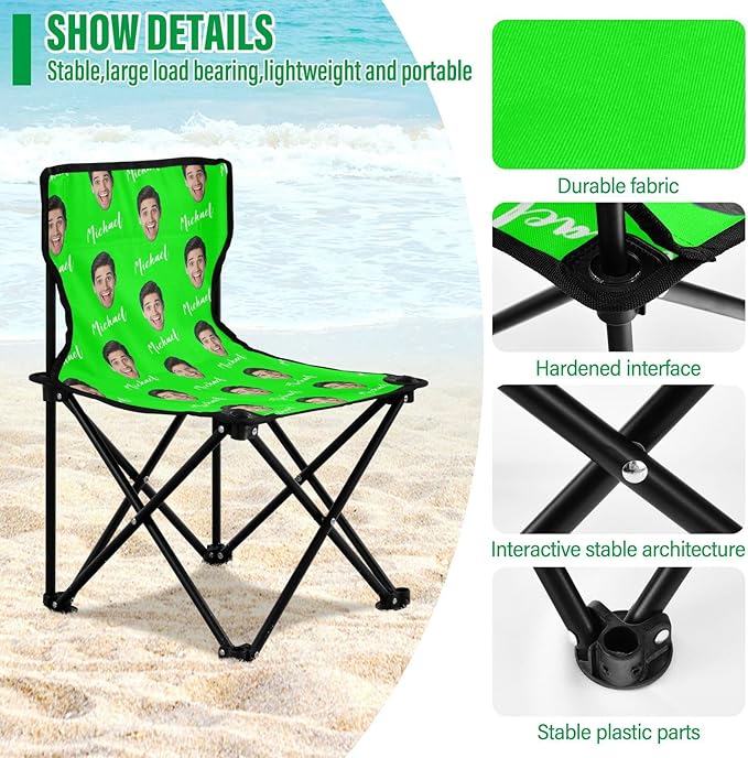 Lime Custom Photo Folding Camping Chair for Teen Child Personalized Name 14.6×14.6in Portable Outdoor Chair with Carry Bag for Barbeques Picnic Lawn