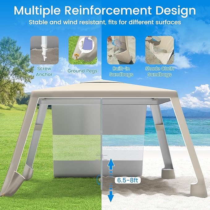 MoKo Beach Cabana 8'×8' Large Beach Canopy with Side Wall UPF 50+ Protection Easy Setup Beach Tent Sun Shelter Adjustable Height Wind Resistant Cabana Beach Tent for Whole Family Khaki
