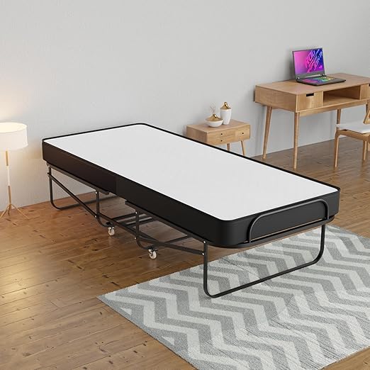 Spring Coil 16-Inch Rollaway Folding Cot Bed with 5 Memory Foam Mattresses Sturdy Metal Folding Frame Fully Assembled Great for Adults and Kids Twin White