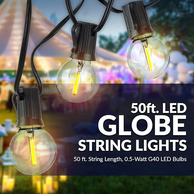 Newhouse Lighting PSTRINGLED50 Foot 50 Socket Indoor/Outdoor String 55 LED Globe G40 (5 Free Bulbs Included) Wedding Lights Decorations for Patios Porches Backyards Decks Bistros 50ft