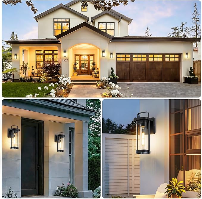 LETRY 2-Pack Outdoor Wall Lights Porch Lights Waterproof Outdoor Wall Sconce Lanterns Exterior Lighting Fixtures Matte Black with Clear Glass Shade for House Patio Garage Doorway Entryway