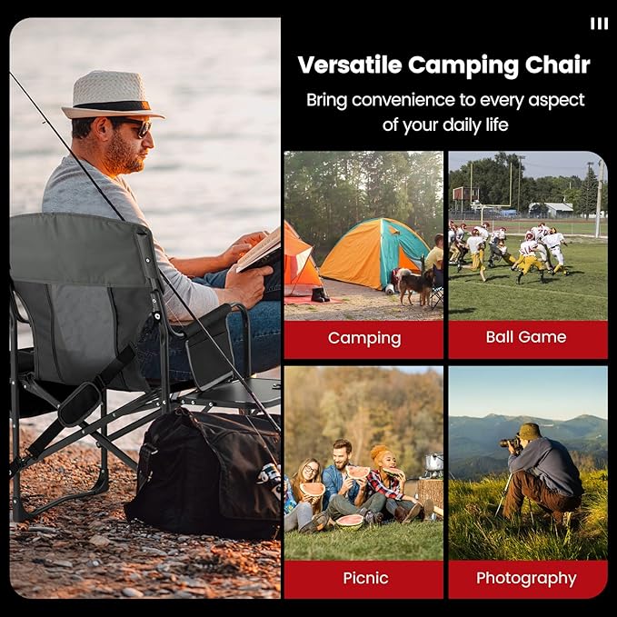 Tangkula Camping Chairs Folding Camp Chair with Side Table Cooler Bag Portable Outside Padded Lawn Chair for Travel Picnic Fishing Heavy Duty Oversized Director Chair for Adults Supports 400lbs